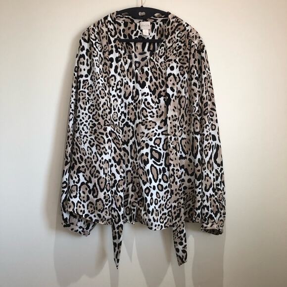 Chicos Blouse Top Size 3 XL 16 Animal Print Tie Neck Hidden Button Up - Picture 1 of 13
